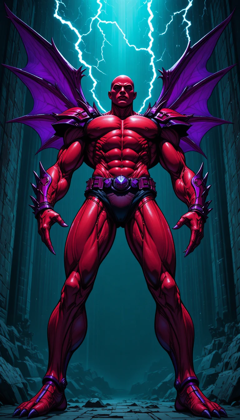 Super-herói vermelho blindado com relâmpagos em uma cena de fantasia sombria