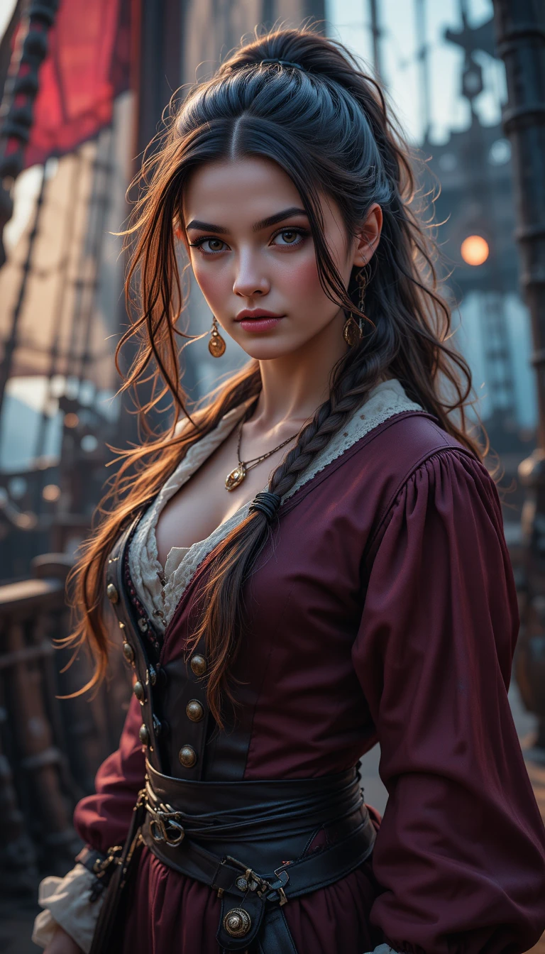 Pirate woman captain commanding her ship in dramatic light