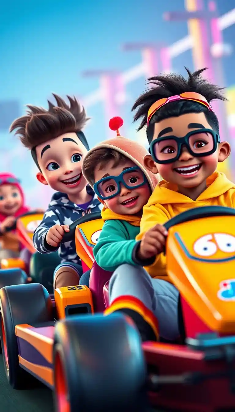 Enfants multiculturels faisant la course en karting dans un style cartoon néon