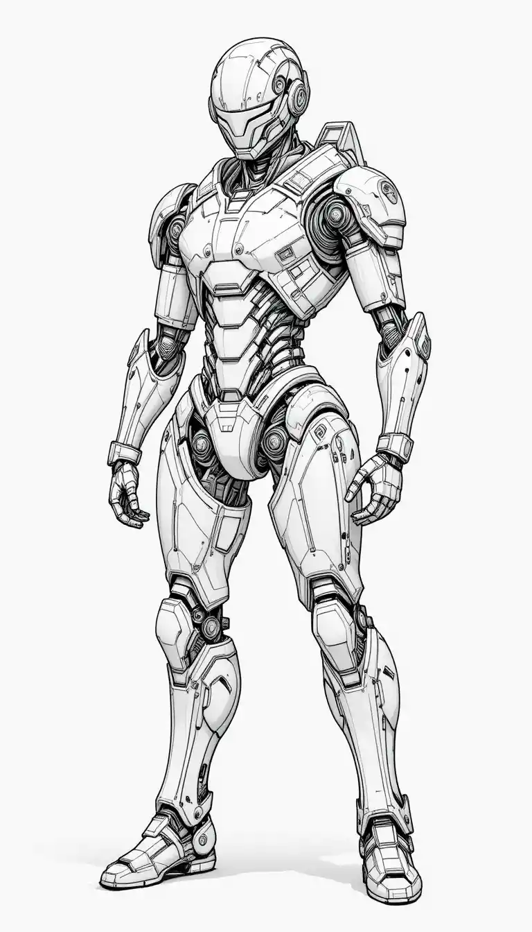 Robô humanóide futurista em forte desenho de linha de corpo inteiro