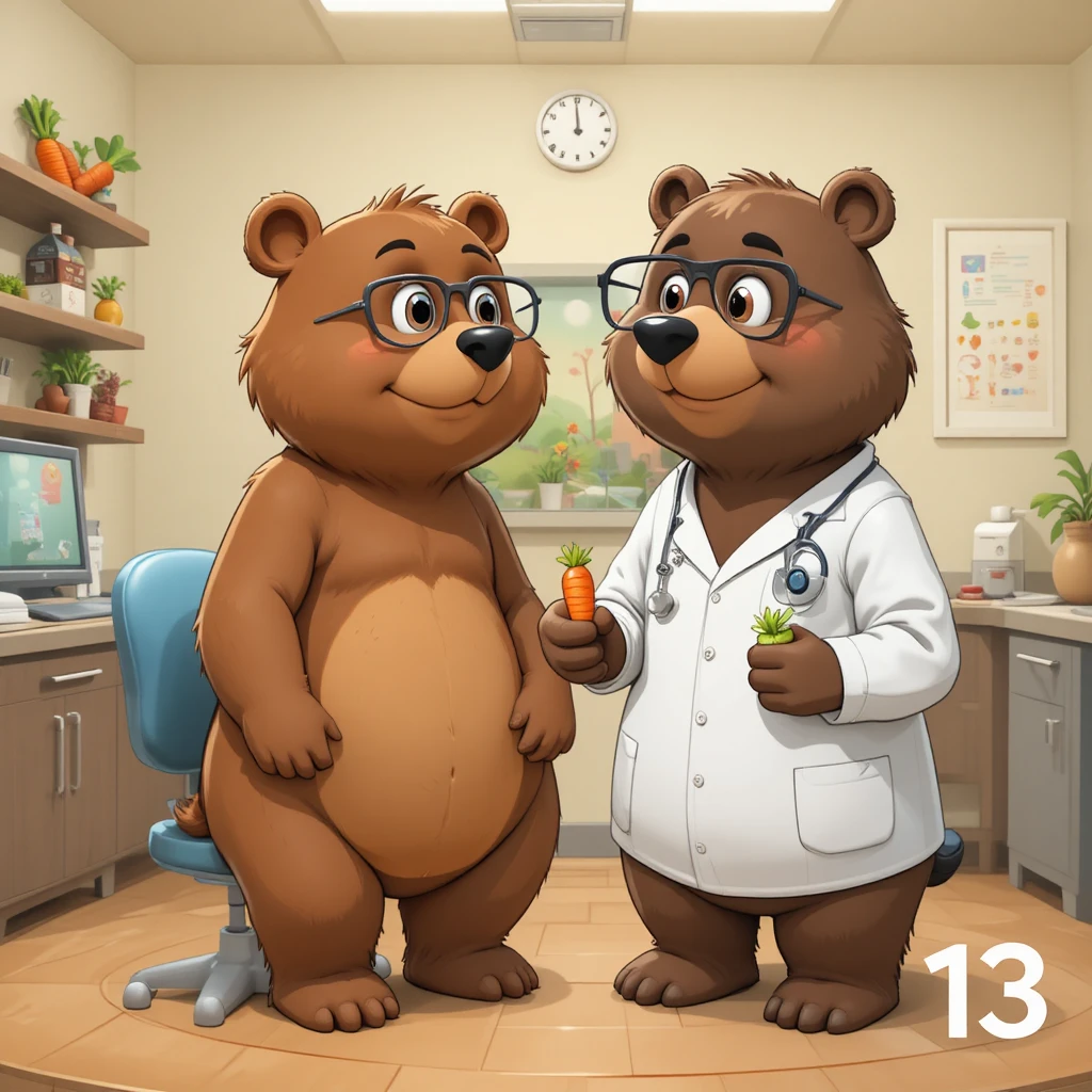 Adorable famille d’ours dans une clinique ophtalmologique avec un docteur qui adore les carottes
