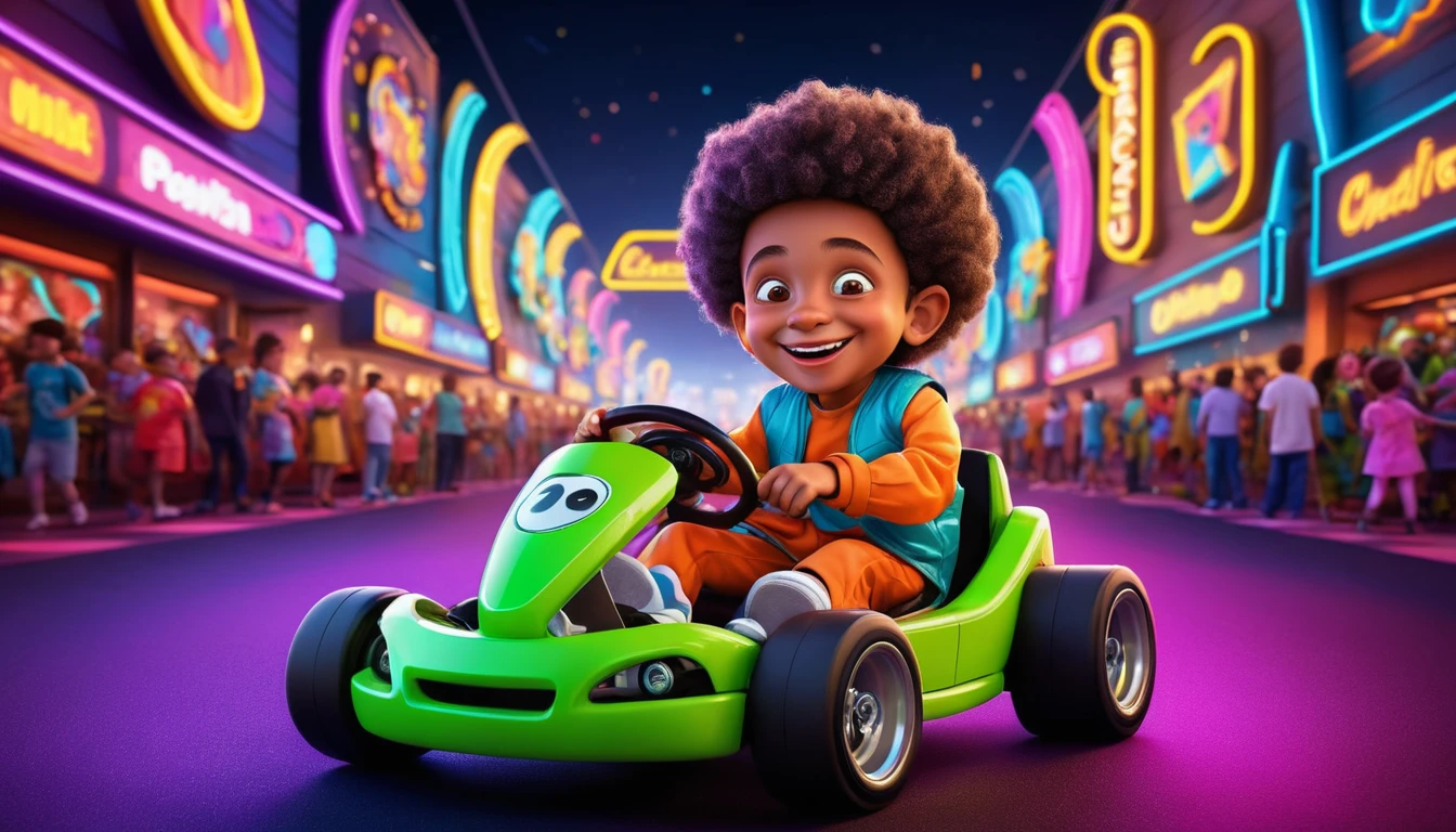 Bambino sorridente in scena al neon davanti a un nightclub vivace