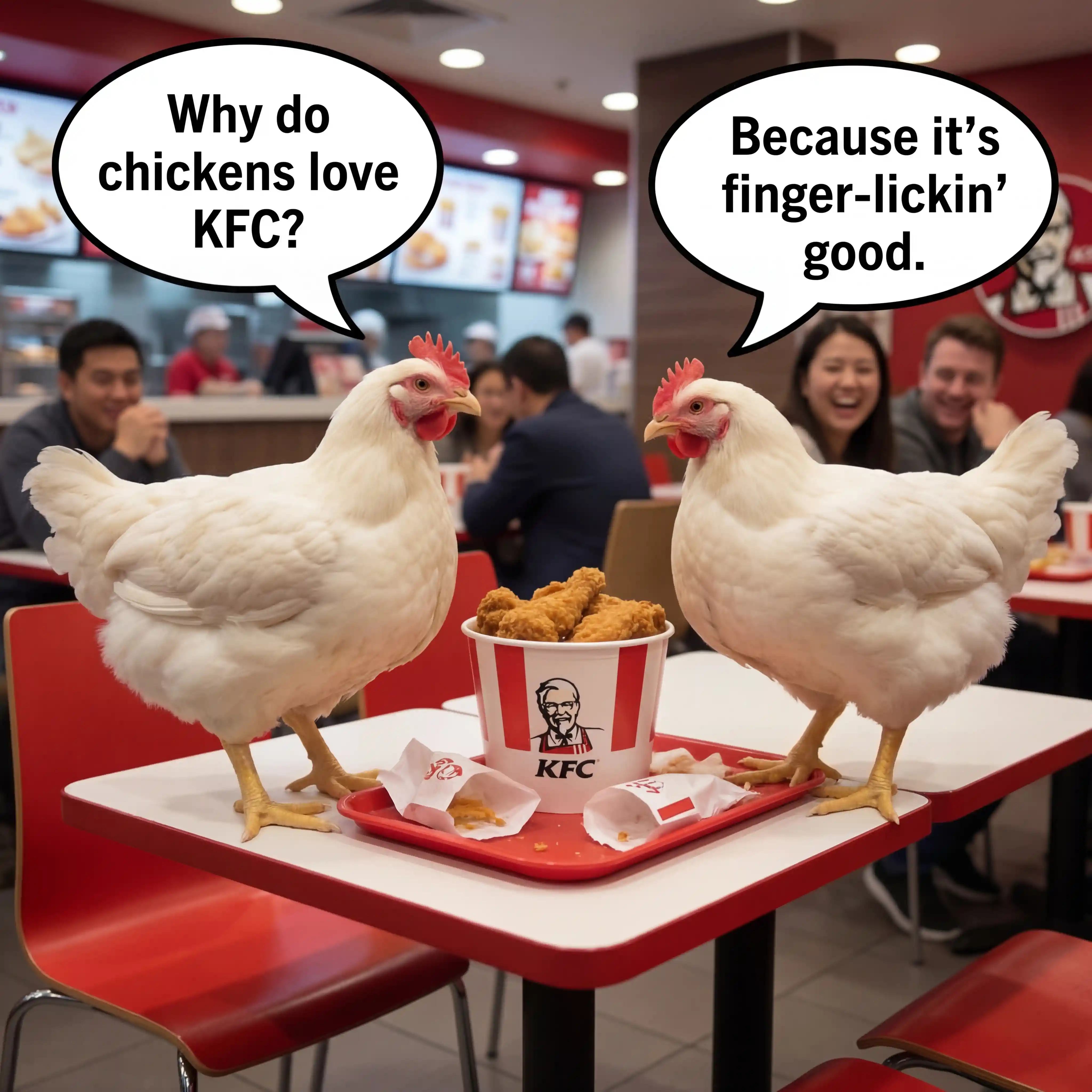 Two white chickens talking inside a fast food restaurant