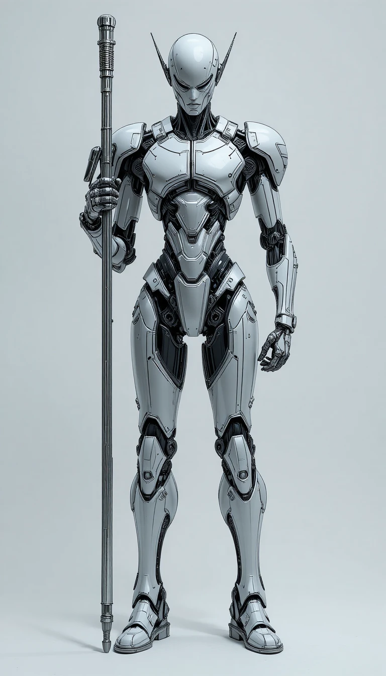 Robô humanóide segurando cajado em fundo branco limpo