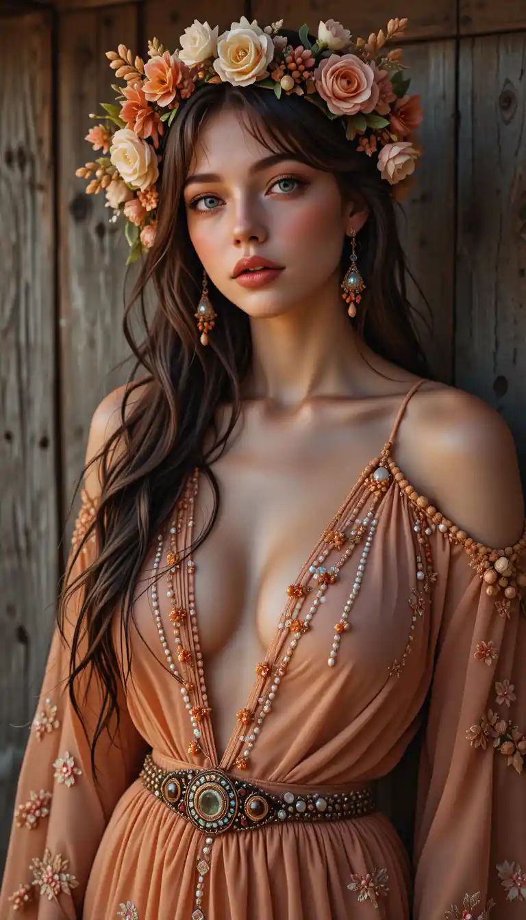 Boho girl with braids and jewelry in golden evening light