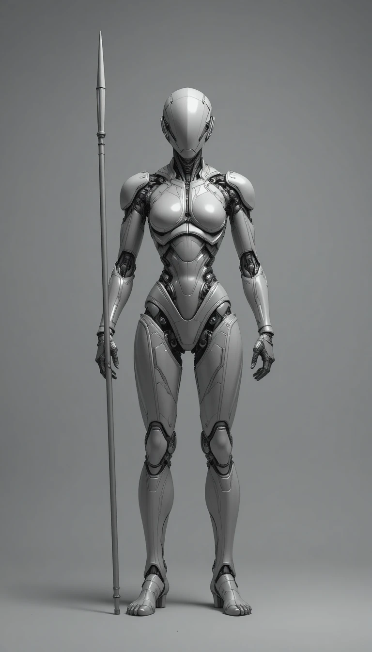 Futuristischer humanoider Roboter mit Stab in technischer Zeichnung