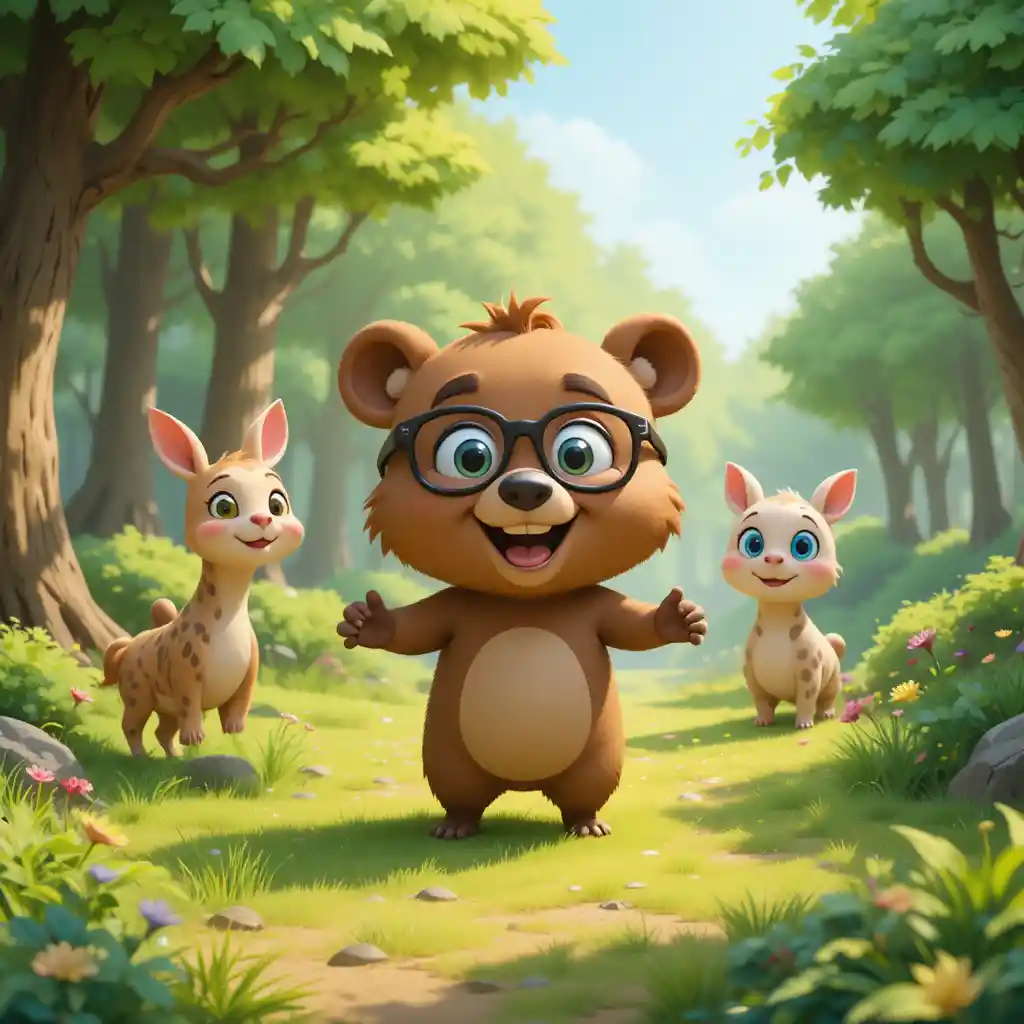 햇살 가득한 초록 숲에서 친구들과 노는 귀여운 곰 캐릭터