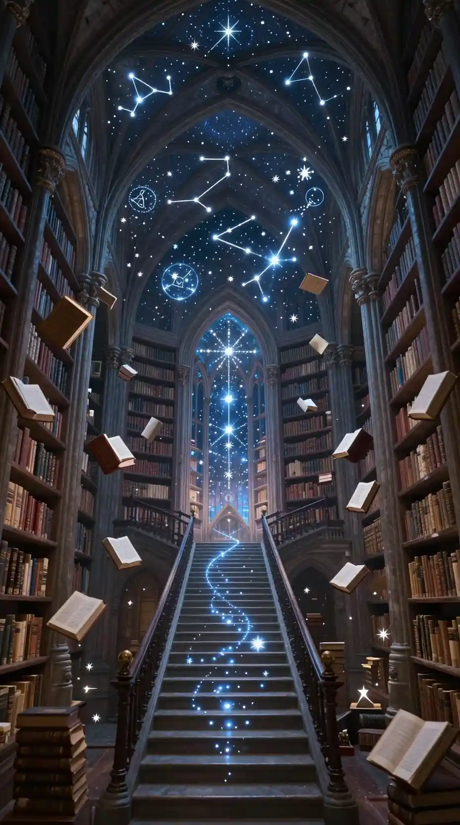 Imensa biblioteca gótica com livros flutuantes e tetos estrelados