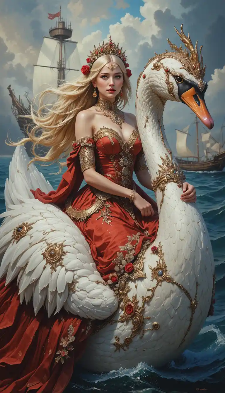 Hoheitliche Frau reitet auf einem riesigen Schwan über das Meer