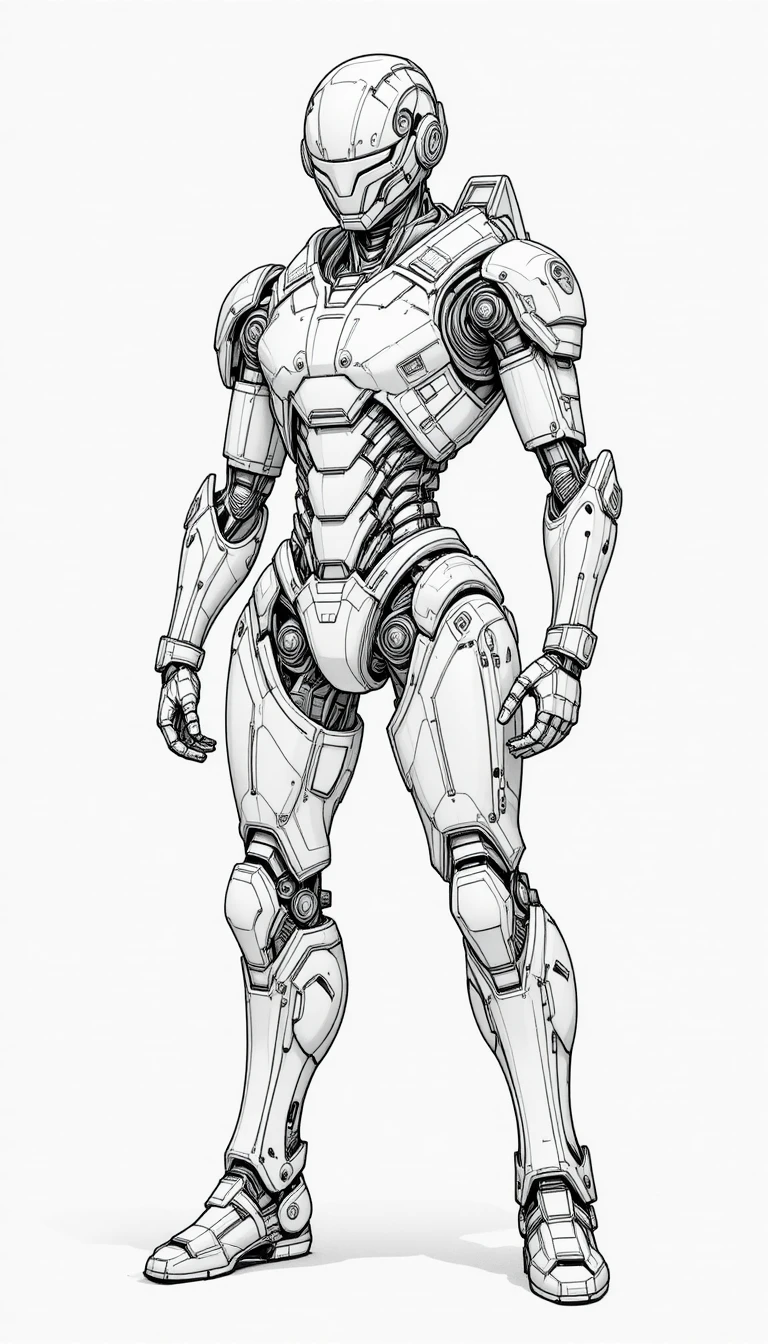 Robot humanoide futurista en potente dibujo lineal de cuerpo completo
