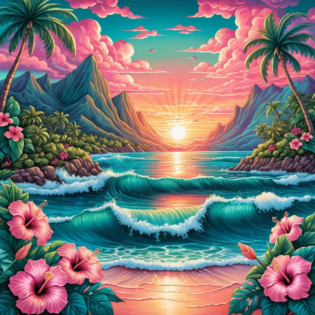 Tropical sunset beach with waves mountains and lush plants