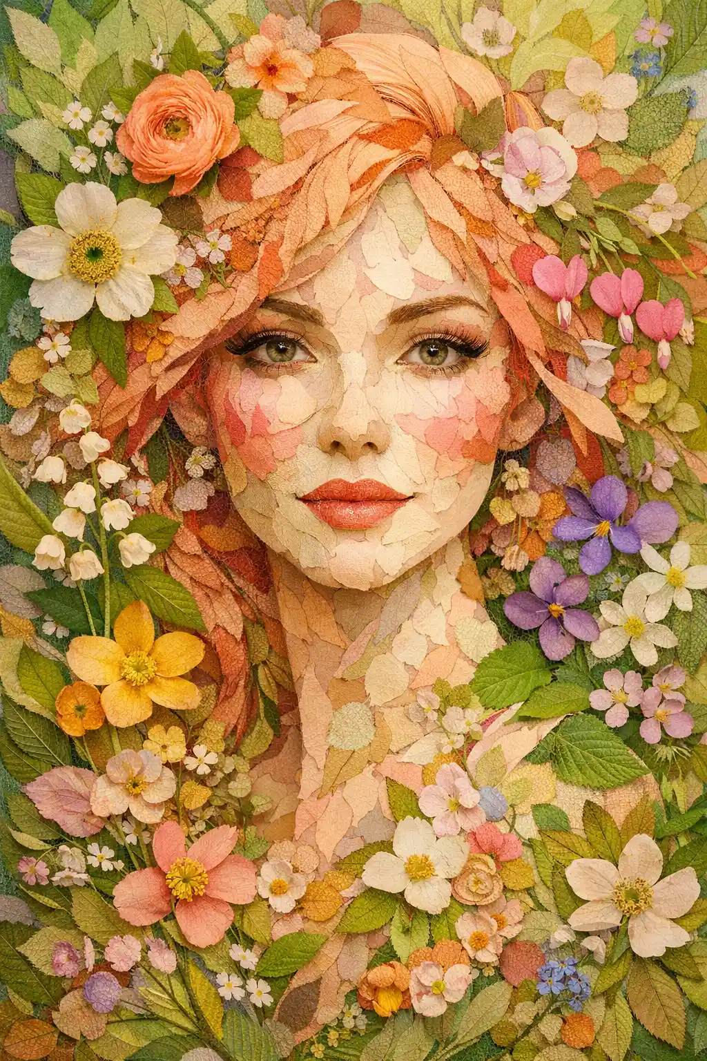 Collage portrait of a peach haired woman made of spring leaves