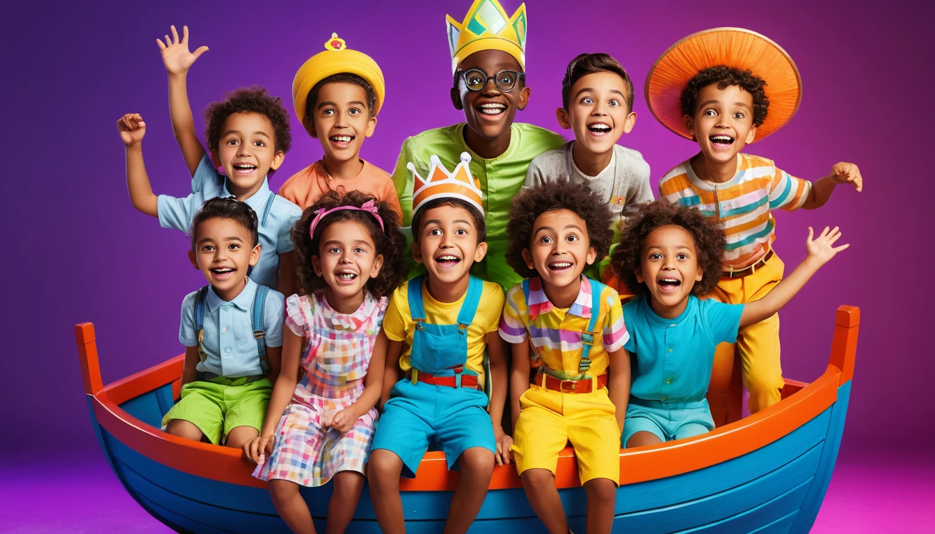 Enfants multiculturels et enjoués sur un bateau royal néon