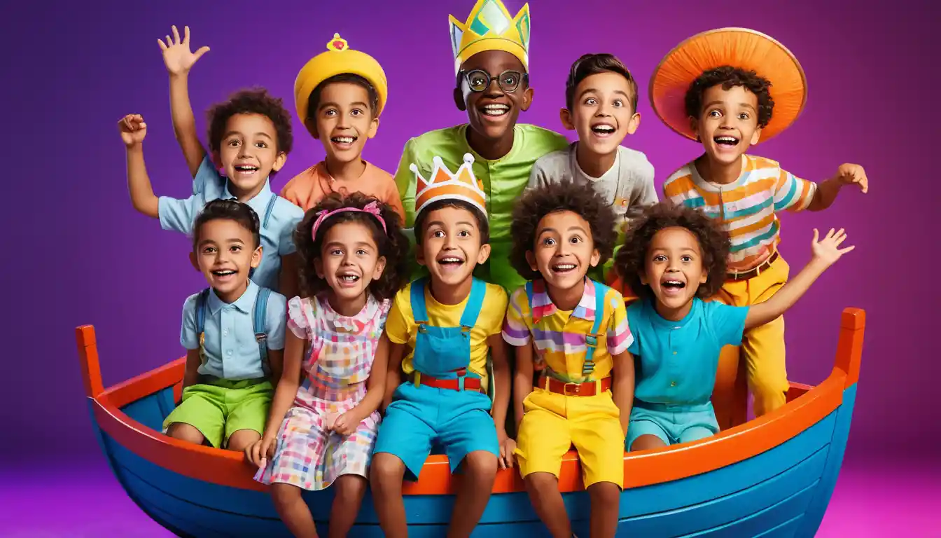 Enfants multiculturels et enjoués sur un bateau royal néon