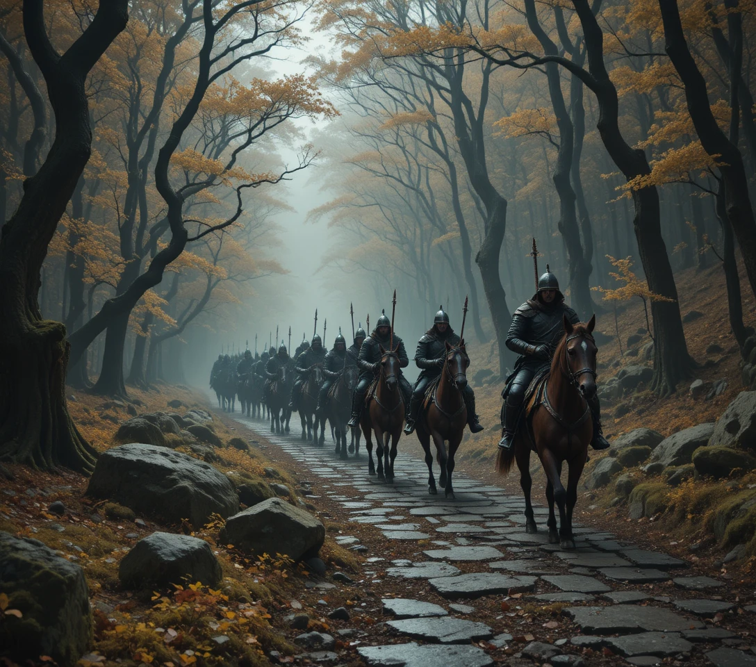 Dunkle Fantasy-Lords zu Pferd auf einem steinigen Waldweg
