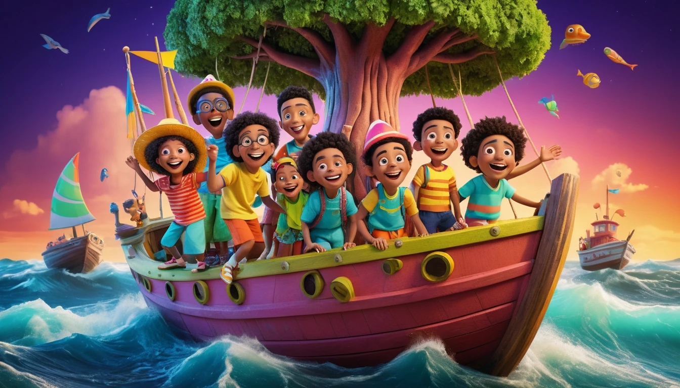 Lächelnde multikulturelle Kinder auf einem Fantasieboot auf dem Meer