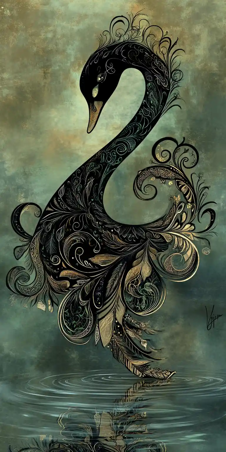 Gothic fantasy swan with ornate dark zentangle patterns