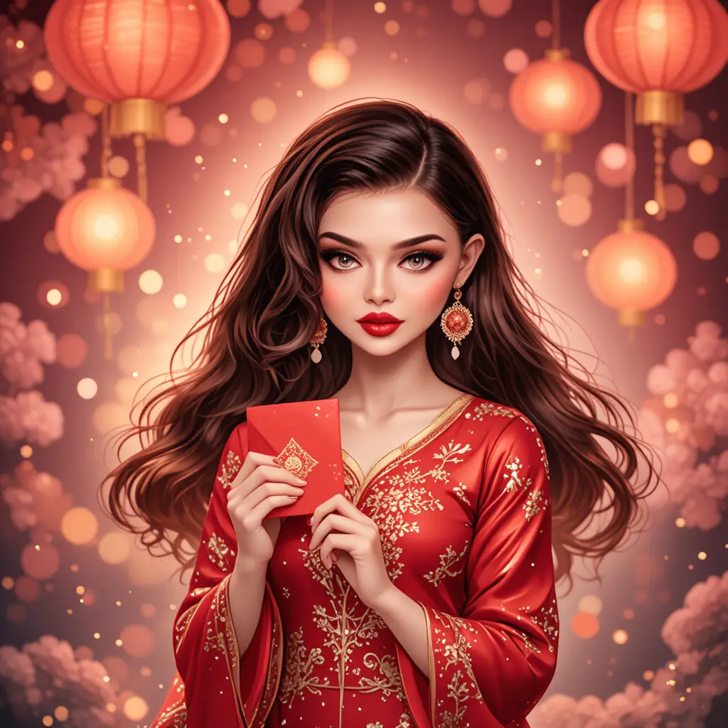 發光農曆新年燈籠下拿著紅包的動漫女孩