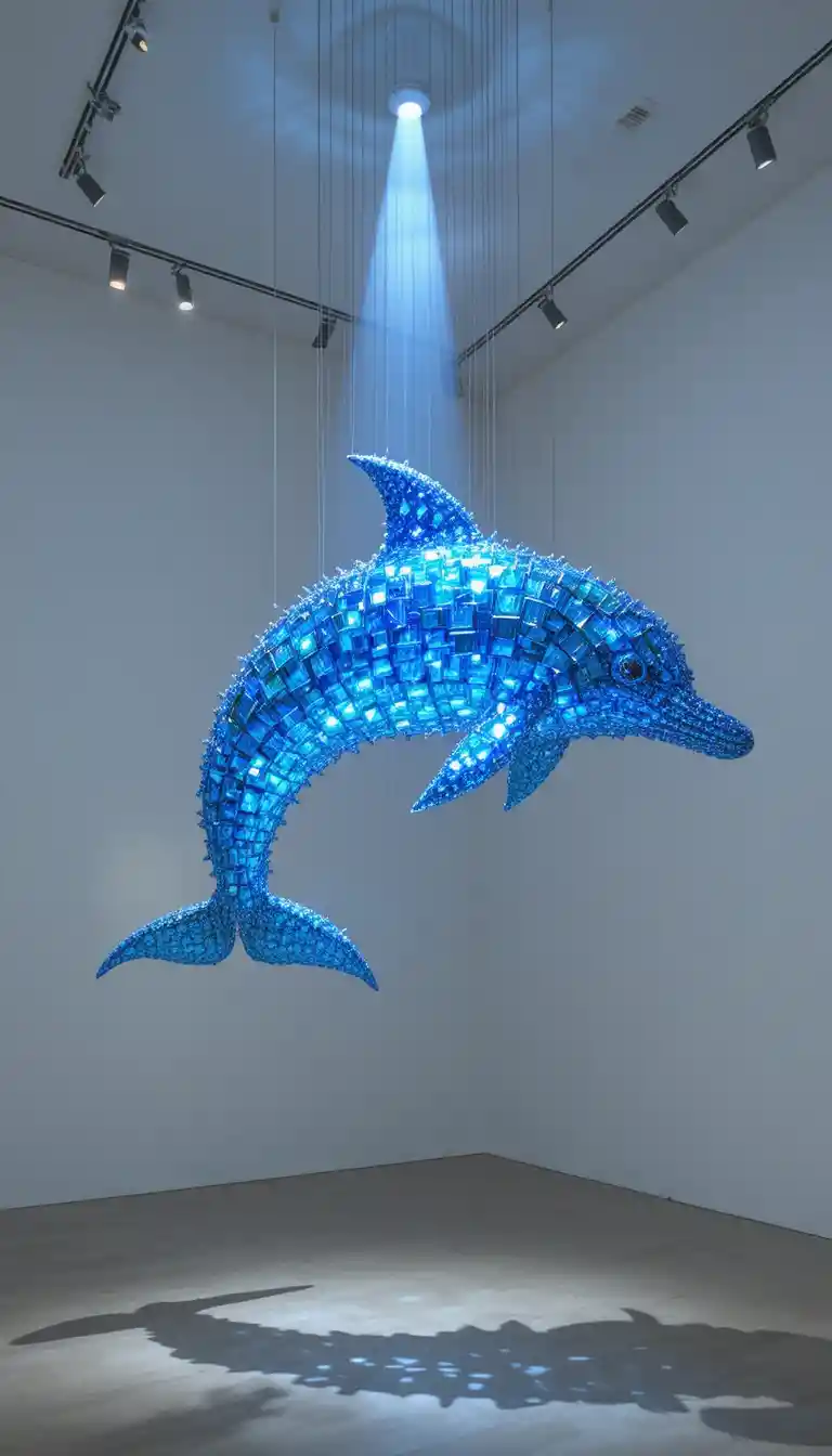 Escultura de delfín prismático suspendido bajo un dramático foco de galería
