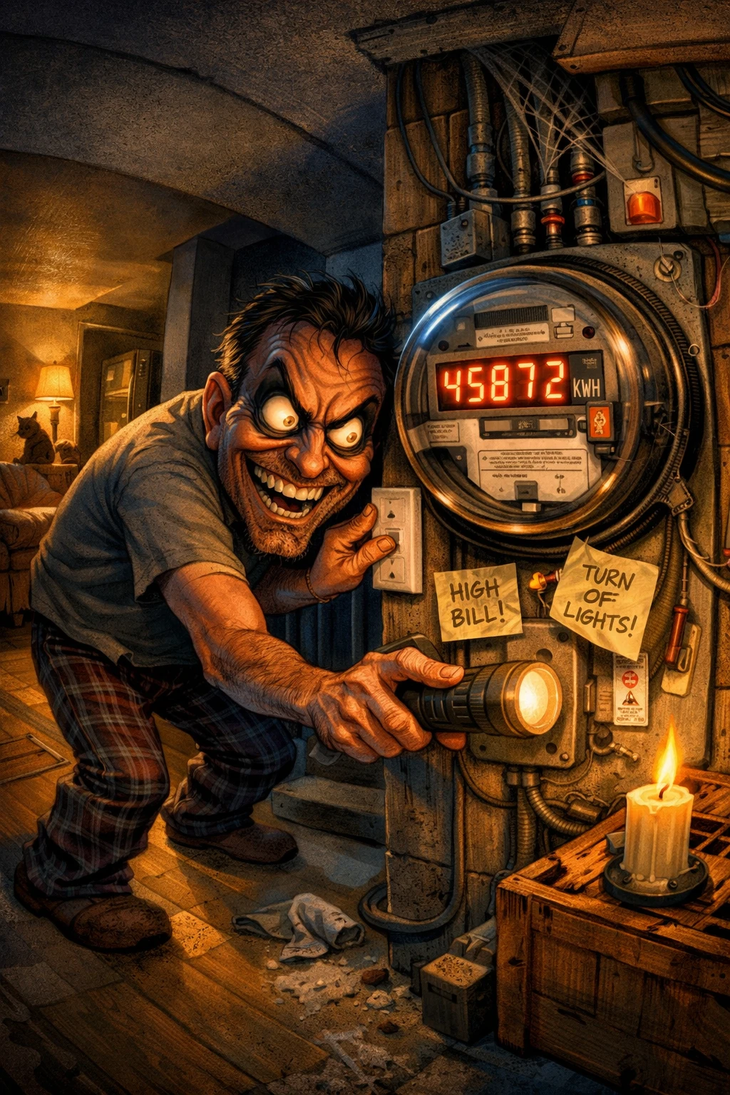 Hombre apagando las luces de la casa y mirando fijamente el medidor eléctrico