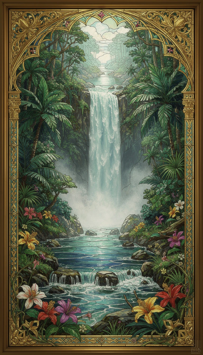 Cascata a Vetrata in una Rigogliosa Foresta Pluviale Tropicale