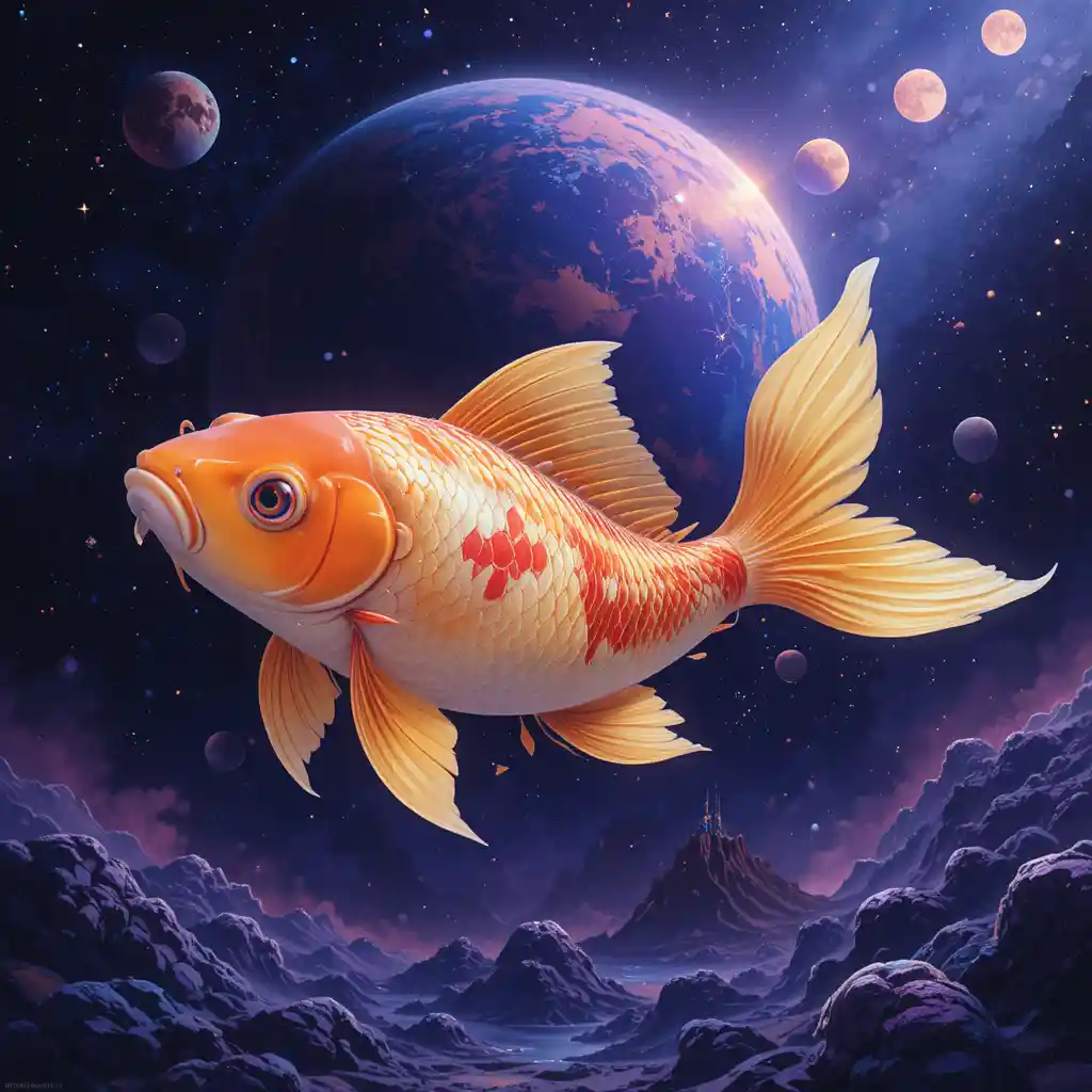 惑星と三つの月が浮かぶ、かわいい錦鯉のような宇宙魚