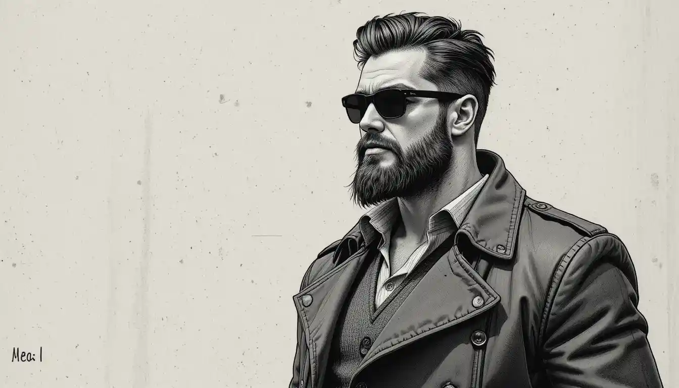 Homem de meia-idade estiloso de trench coat em preto e branco