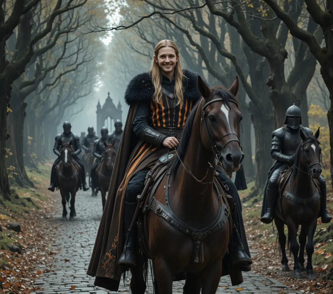 Joven señor medieval a caballo en un oscuro bosque otoñal