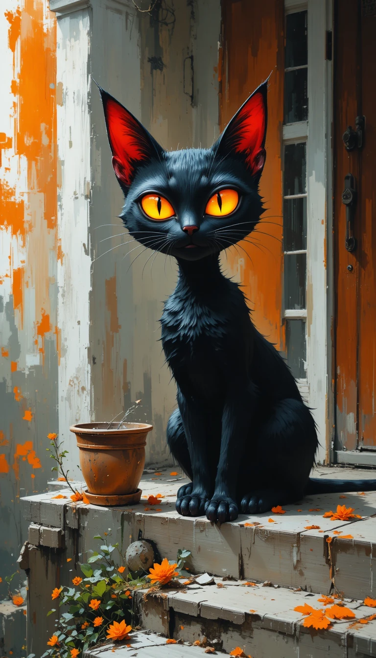 Stilisierte schwarze Katze mit leuchtenden Augen auf einer Veranda