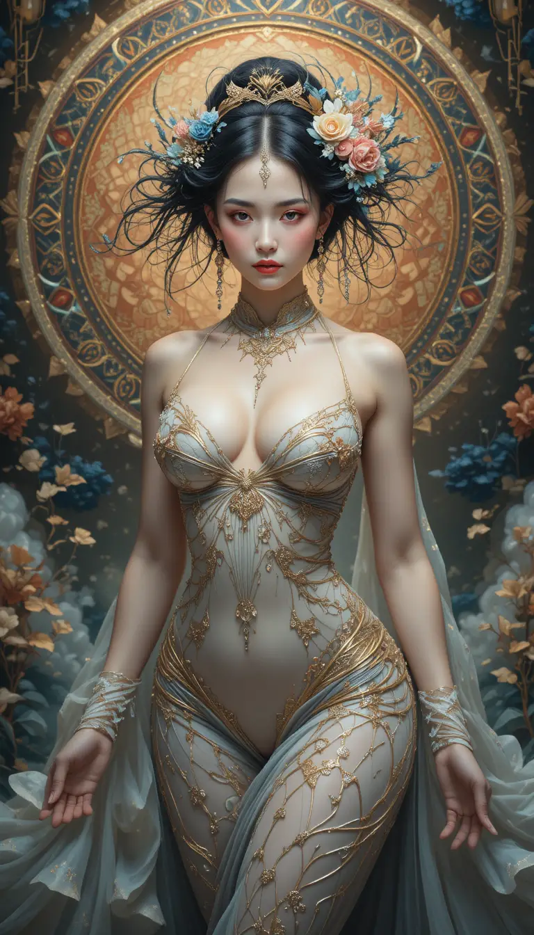 Portrait éthéré d’une femme majestueuse aux couleurs vibrantes