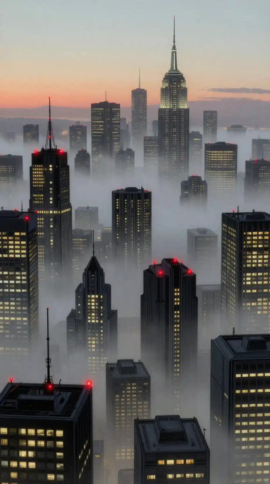 Gratte‑ciel de science‑fiction dans le brouillard aux lumières rouges sur les toits