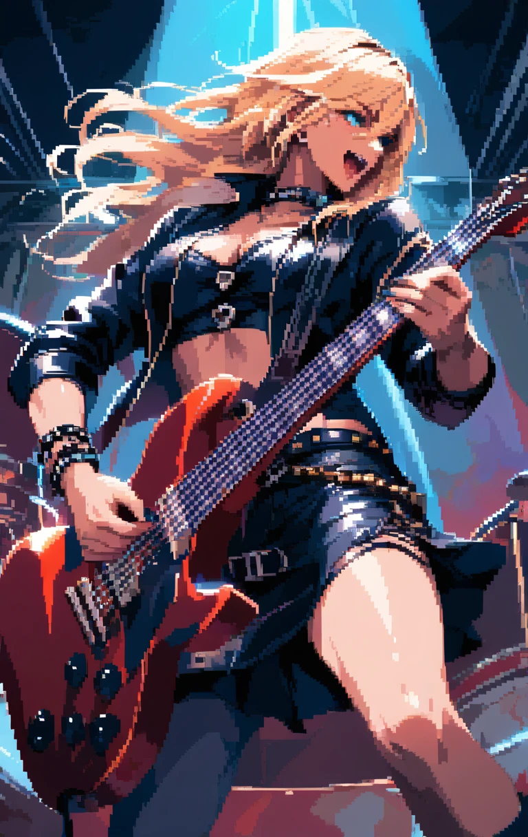 Donna bionda che suona la chitarra su un palco heavy metal
