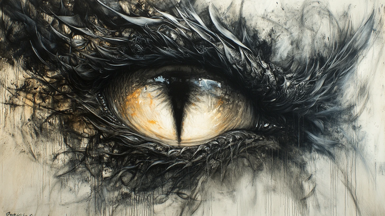 Gros plan sur des yeux de dragon dans une peinture abstraite en techniques mixtes