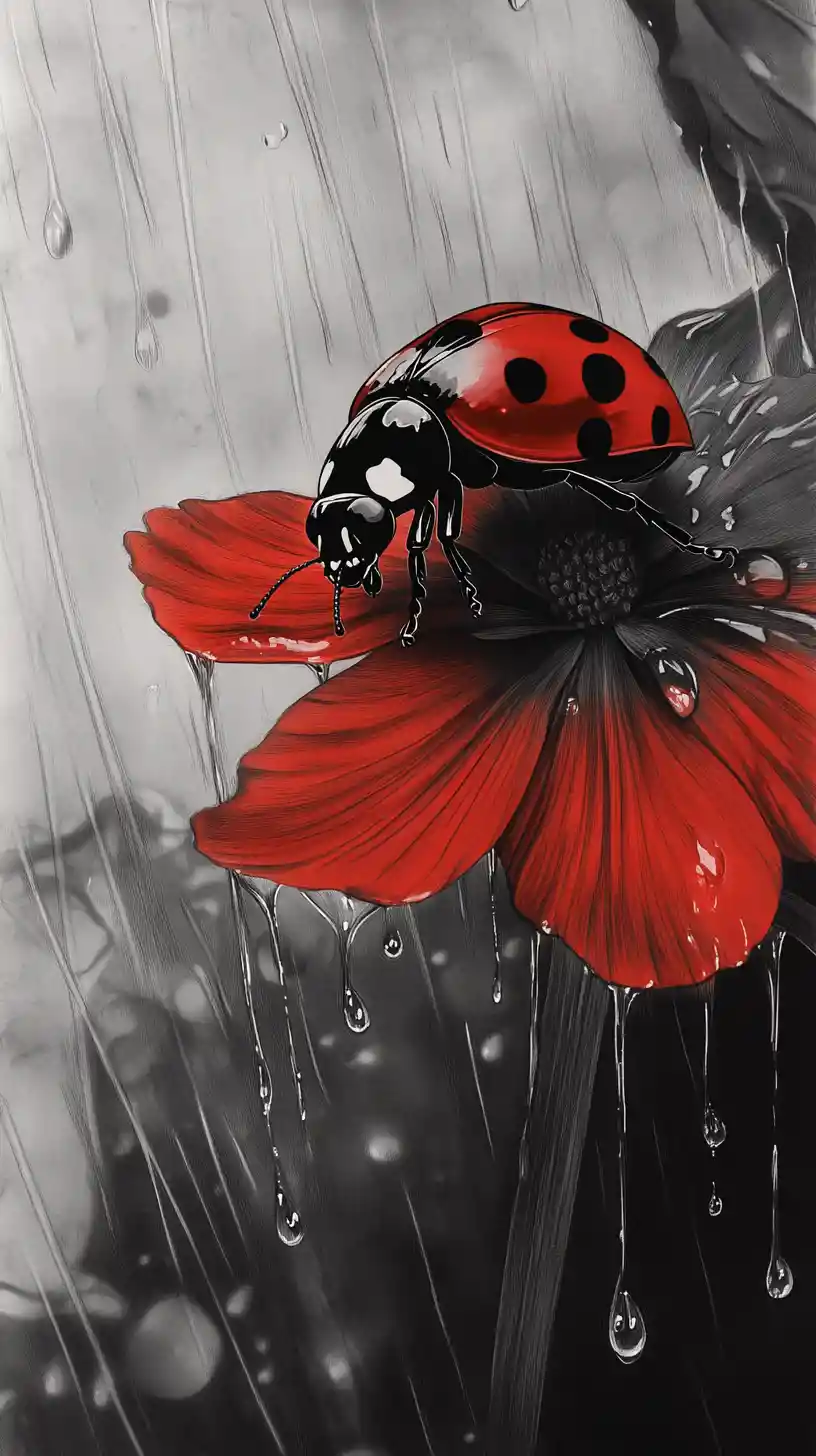 Coccinella macro su petalo di fiore nella pioggia tempestosa in scala di grigi
