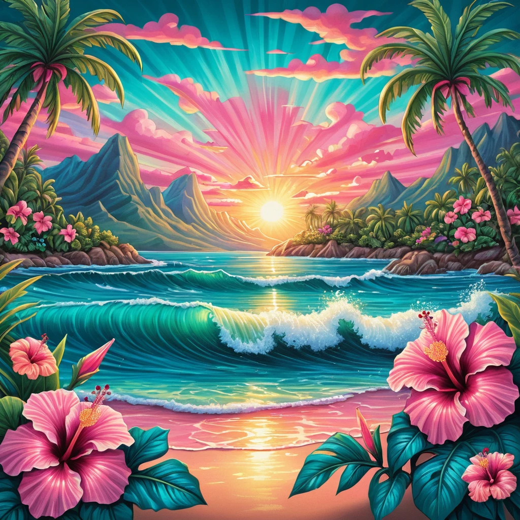 Tropical Sunset Sea With Mountains And Lush Hibiscus Border