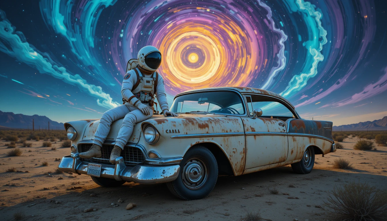 Astronauta descansando em carro enferrujado sob céu psicodélico