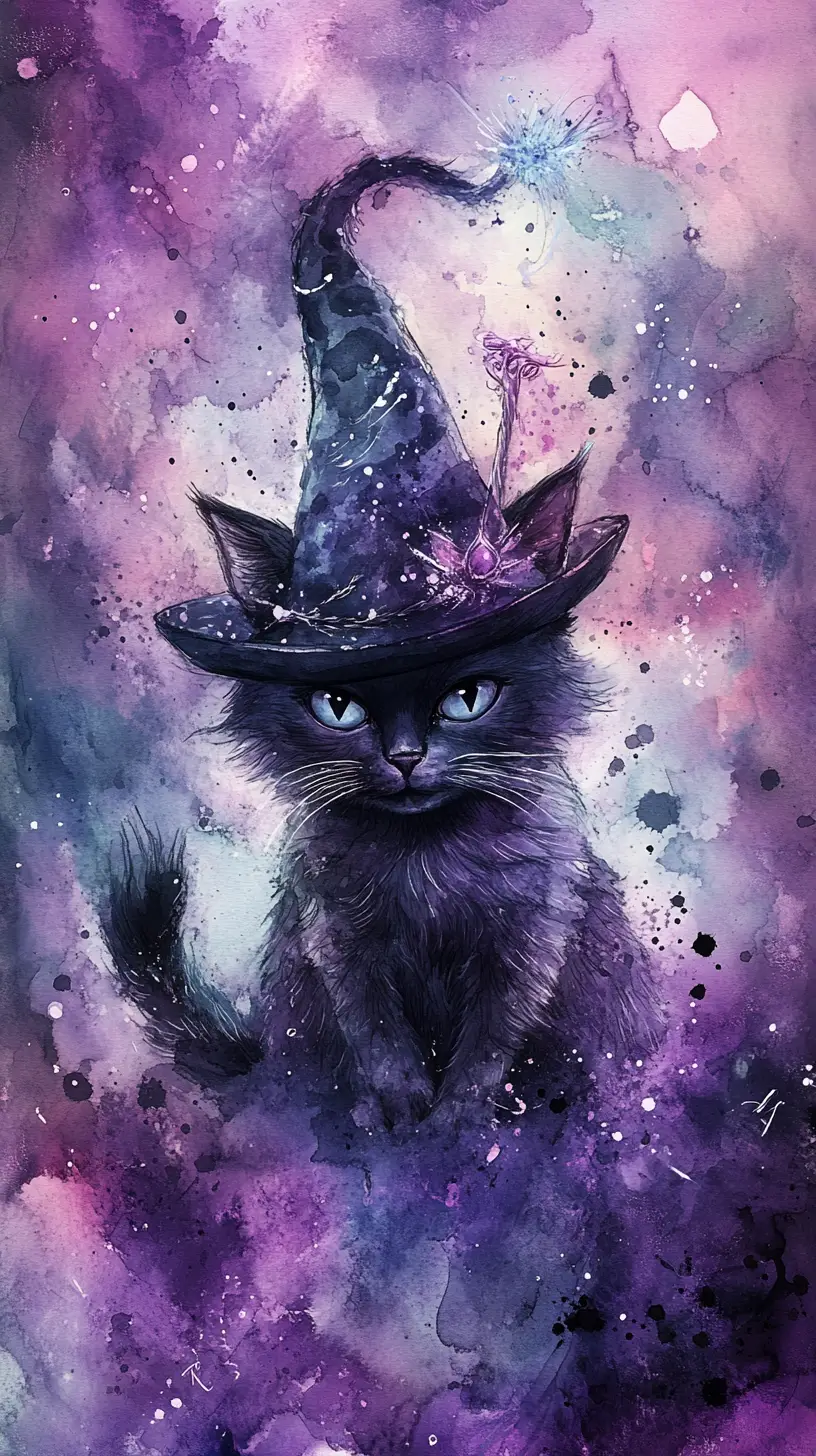 Fantasy cat with magic hat and wand in sparkling aura