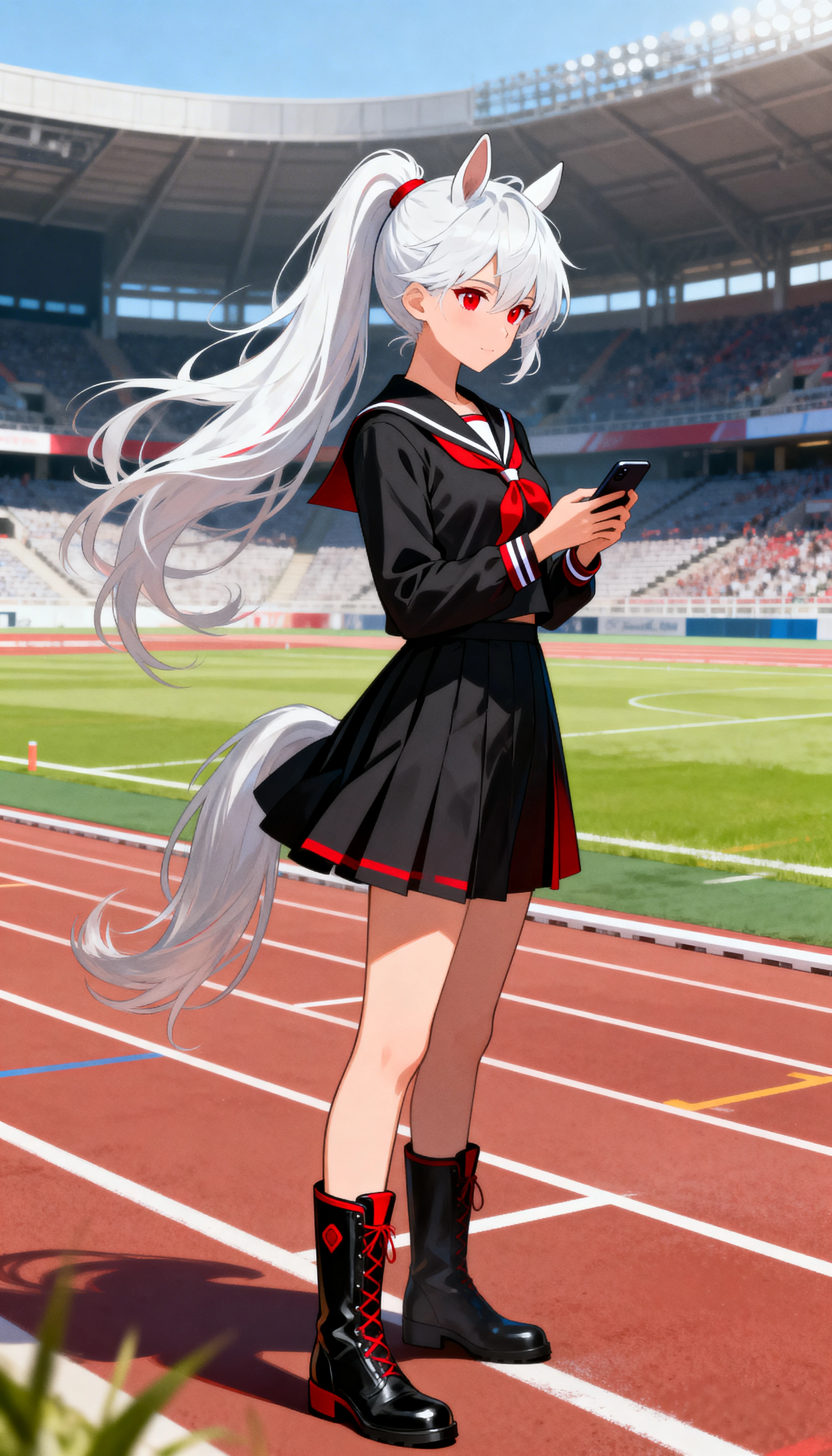 Ragazza cavallo anime che controlla il telefono sulla pista da corsa