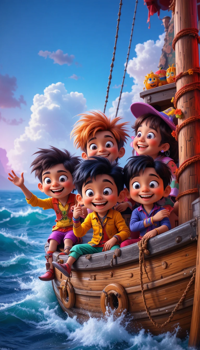 Enfants multiculturels et espiègles en aventure en mer néon façon dessin animé