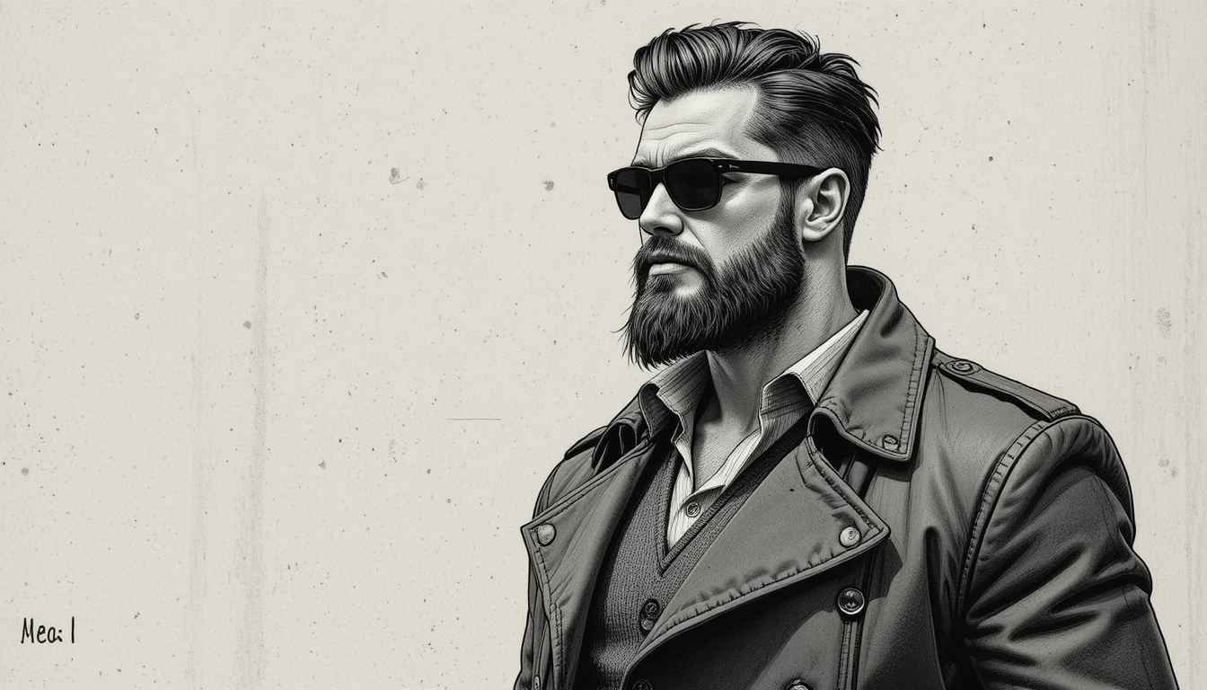 Homem de meia-idade estiloso de trench coat em preto e branco