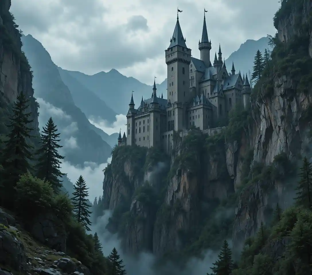 Colossal Medieval Castle Guarding A Dark Mountain Gorge
