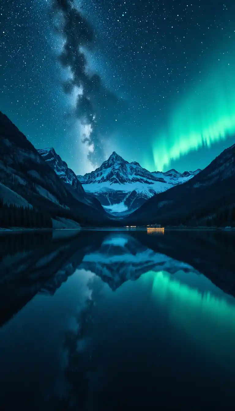 Bergsee bei Nacht mit Sternen und Polarlichtern