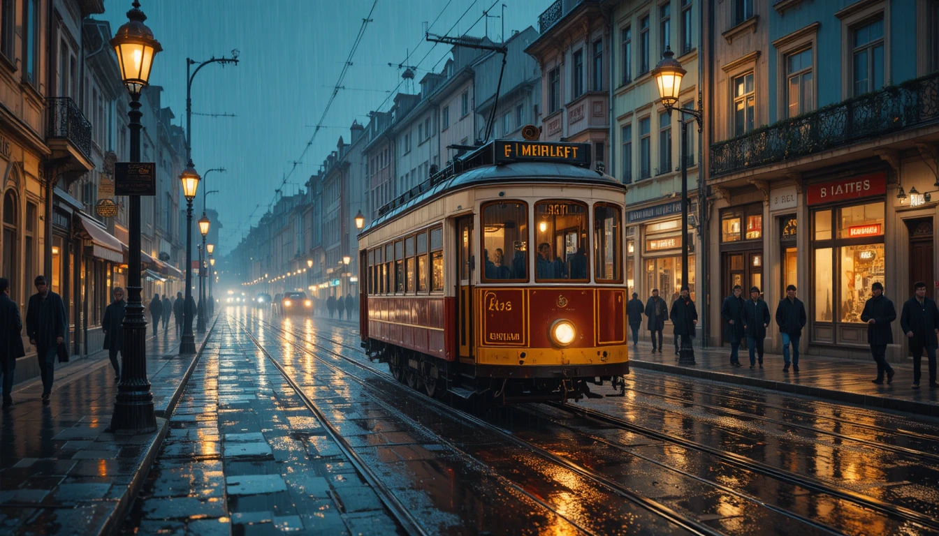 Tramway classique par une nuit de pluie dans une rue colorée de la ville