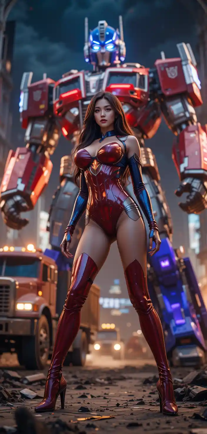 Femme de Hong Kong en armure de science‑fiction avec pose confiante en pied