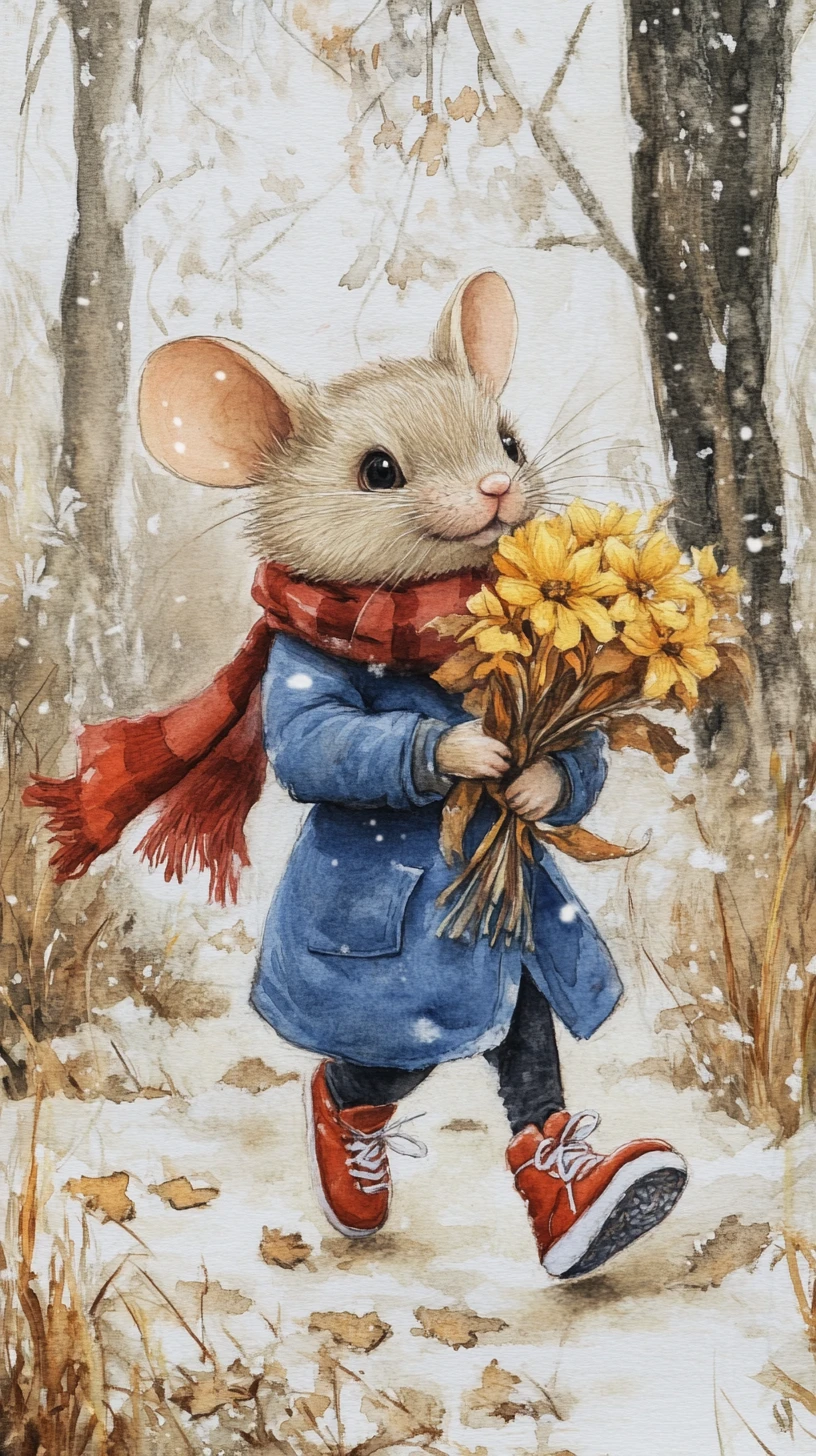 Topolino gioioso che corre in una foresta autunnale con fiori