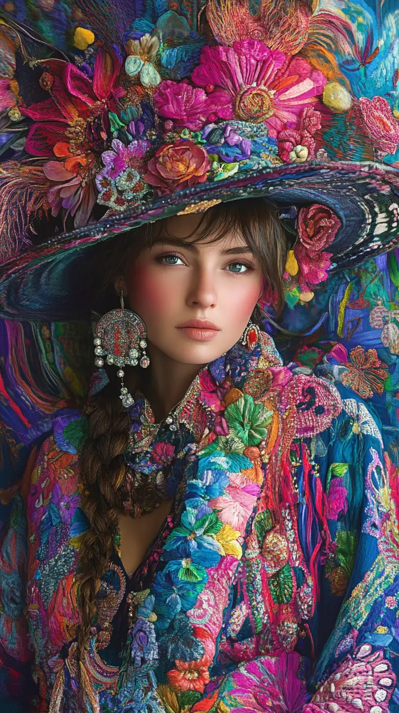 Fantasy woman in colorful floral dress inspired by Russian folklore