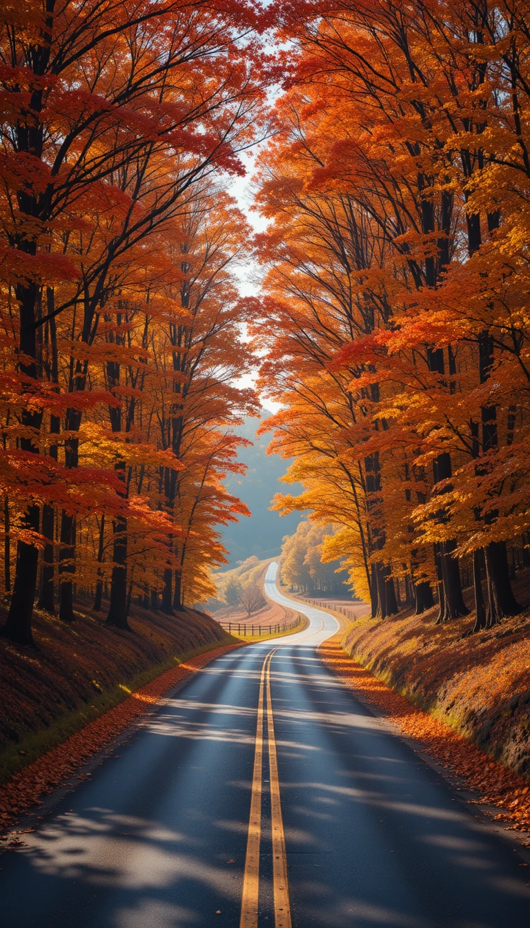 Autumn trees arching over a winding country road