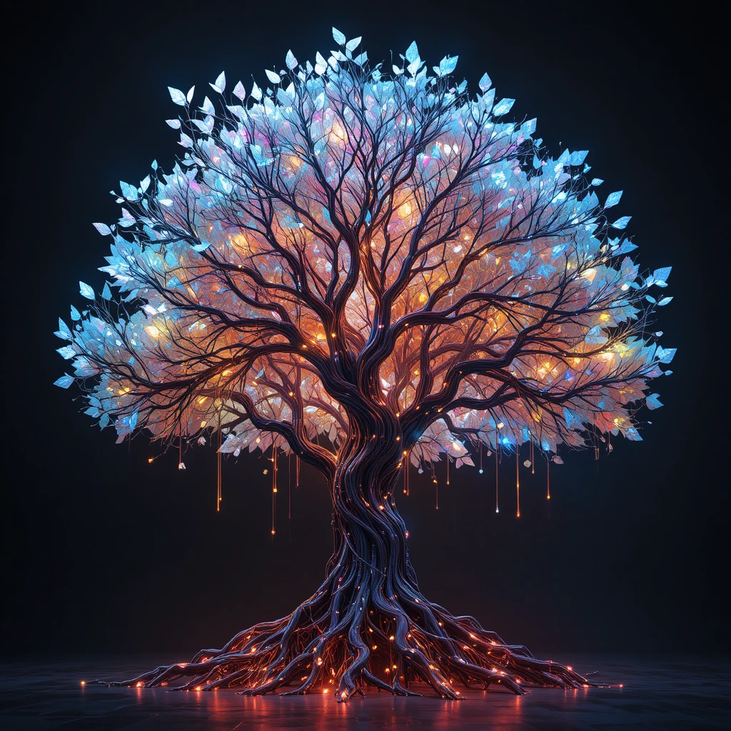 Cybernetic tree with neon cables and holographic glass leaves