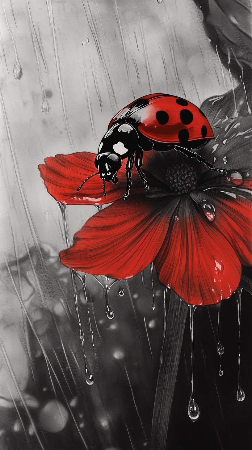 Coccinella macro su petalo di fiore nella pioggia tempestosa in scala di grigi