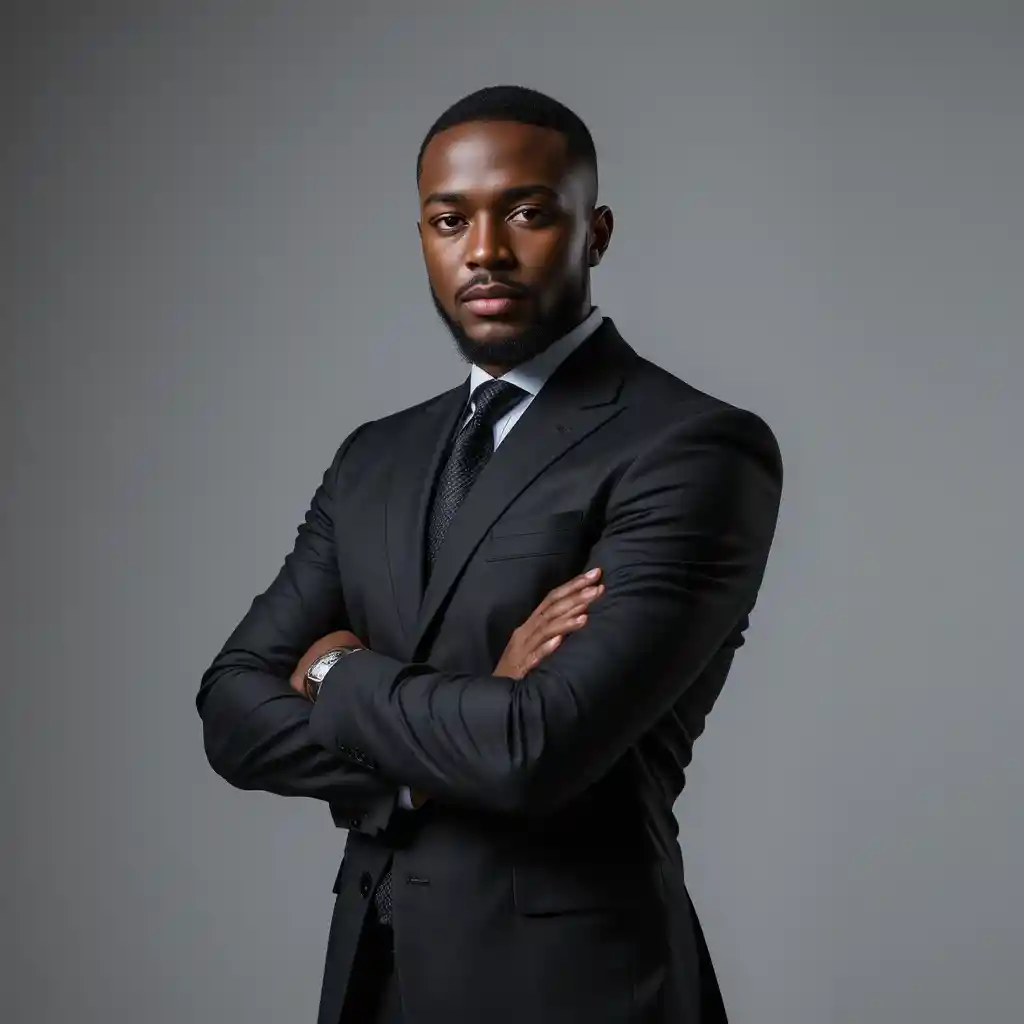 Hombre nigeriano confiado en pose de retrato corporativo en estudio